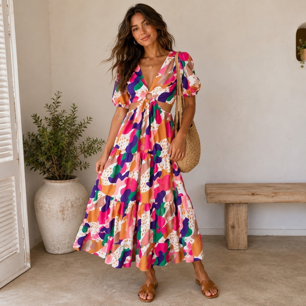 Peach Love California L Abstract Side Cutout Tiered Maxi‎ Dress Puff Sleeve Boho